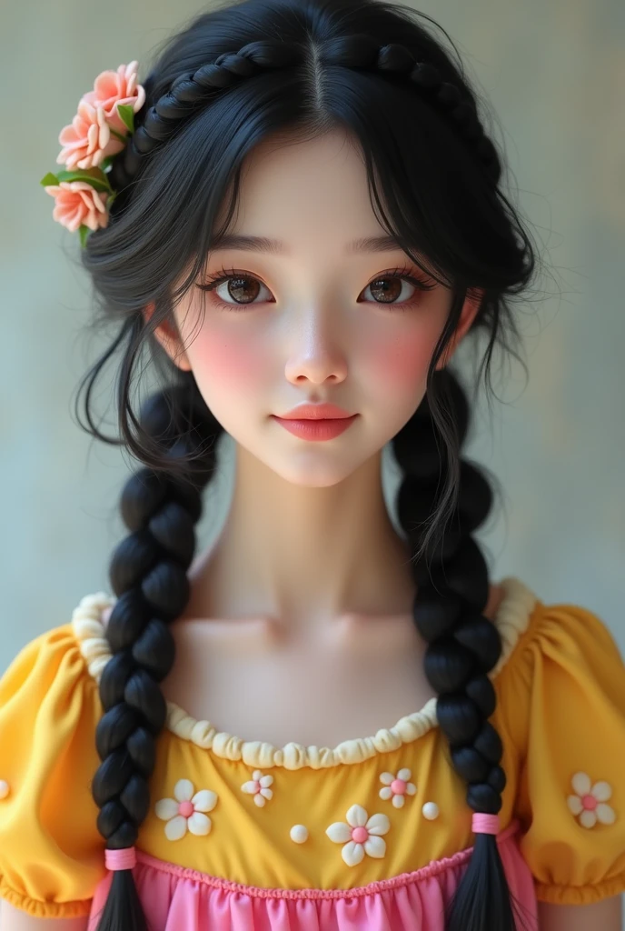 (Photorealism:1.2), thin and short woman, long black hair, small mouth, almost sharp nose, brown skin color almost brown, outfit with puffed sleeves and high neckline with earrings and necklace, almost black eyes and smiling face
