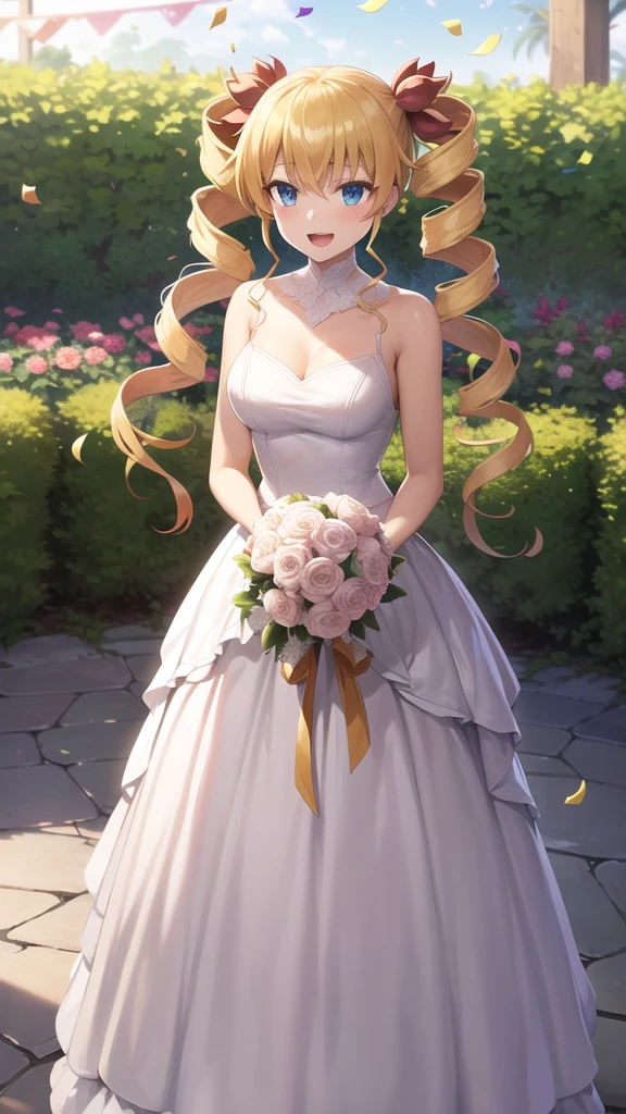 masterpiece, best quality, highres, aaharvey, long hair, twintails, twin drills, hair ribbon, wedding dress, standing, garden, confetti, holding bouquet, smile, open mouth,