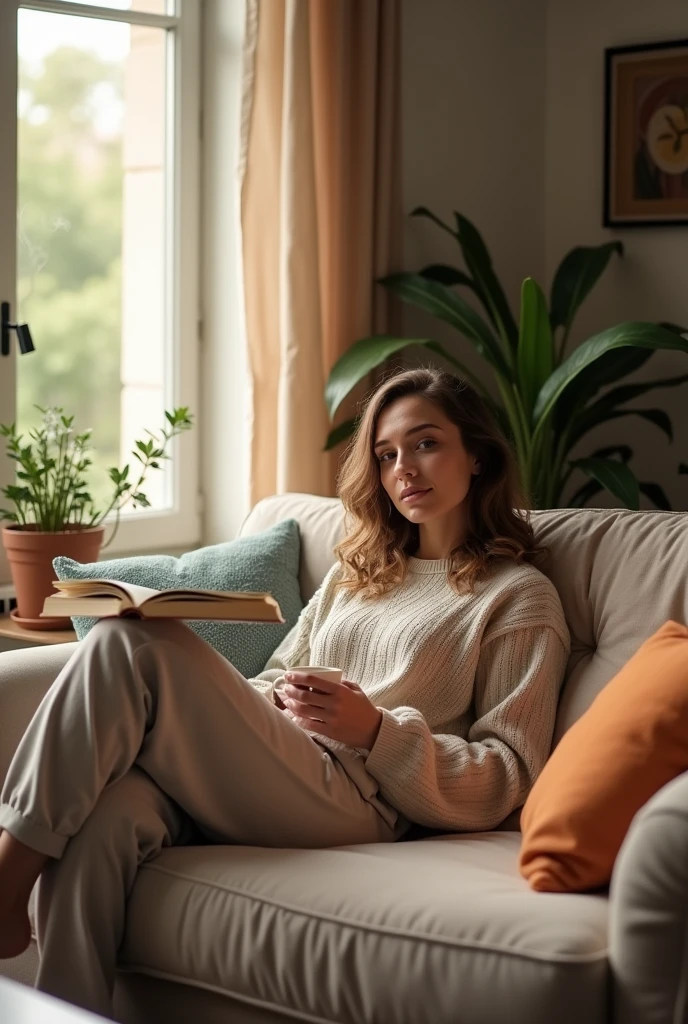 A modern living room with a person sitting comfortably on a couch, reading a book titled 'Meditations.' The room is cozy and filled with natural light. There are plants and minimalistic decor, creating a peaceful environment. This setting reflects the idea of integrating Stoic principles into everyday life for inner peace and wisdom.