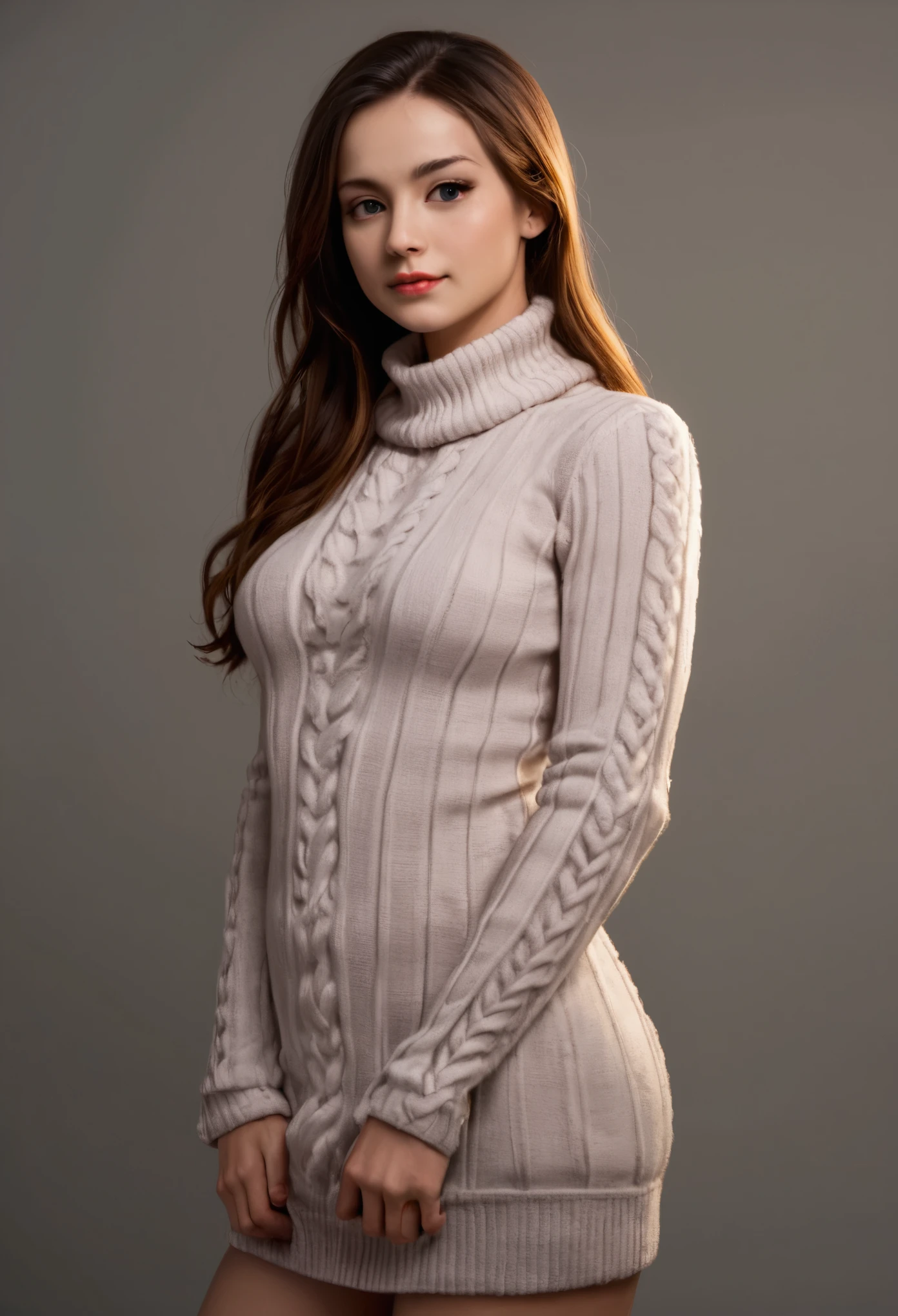 score_9, score_8_up, score_7_up, (masterpiece, realistic, best quality, ultra detailed), intricate, professional photography, HDR, High Dynamic Range, (8k UHD), RAW photo, dslr, realistic LUT, cinematic LUT, perfect lighting, professional lighting, cinematic lighting, cinematic shadows, iridescent lighting, sweater dress, virgin killer sweater, 1girl, solo, tiny_breasts, looking at viewer,