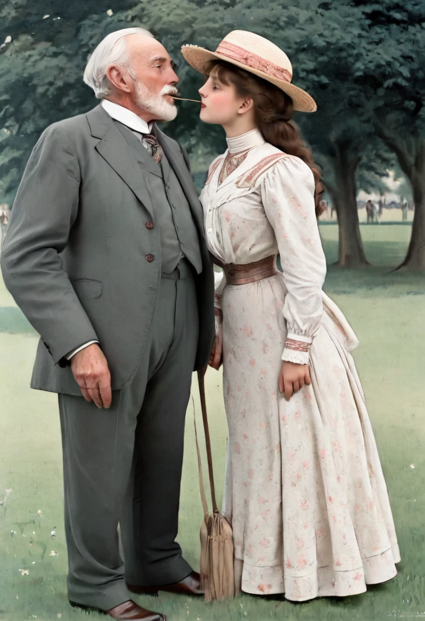 A gorgeous **** Gibson Girl (((kissing a horny 69yo gentleman))) in a park. Year 1902. (((1900_dr3ss))). Short girl with an hourglass figure wearing an elegant Edwardian outfit consisting of a high-collar long sleeve shirtwaist, long skirt and a flower-brimmed hat, large tits, wasp waist, massive ass. Man wearing a three-piece suit and strawboater. (((Young girl and old man. Man taller than girl)))