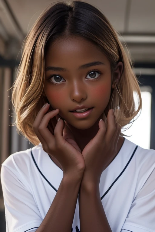 one girl, (((Open your mouth)))、Put your hand over your mouth、Beautiful breasts、 Brown eyes, ((Gal Hairstyles)) blonde, girl, (Eye and facial details:1.0), break, (masterpiece, Highest quality, Very detailed, Detailed face, 8k),( dark skin:1.6 )