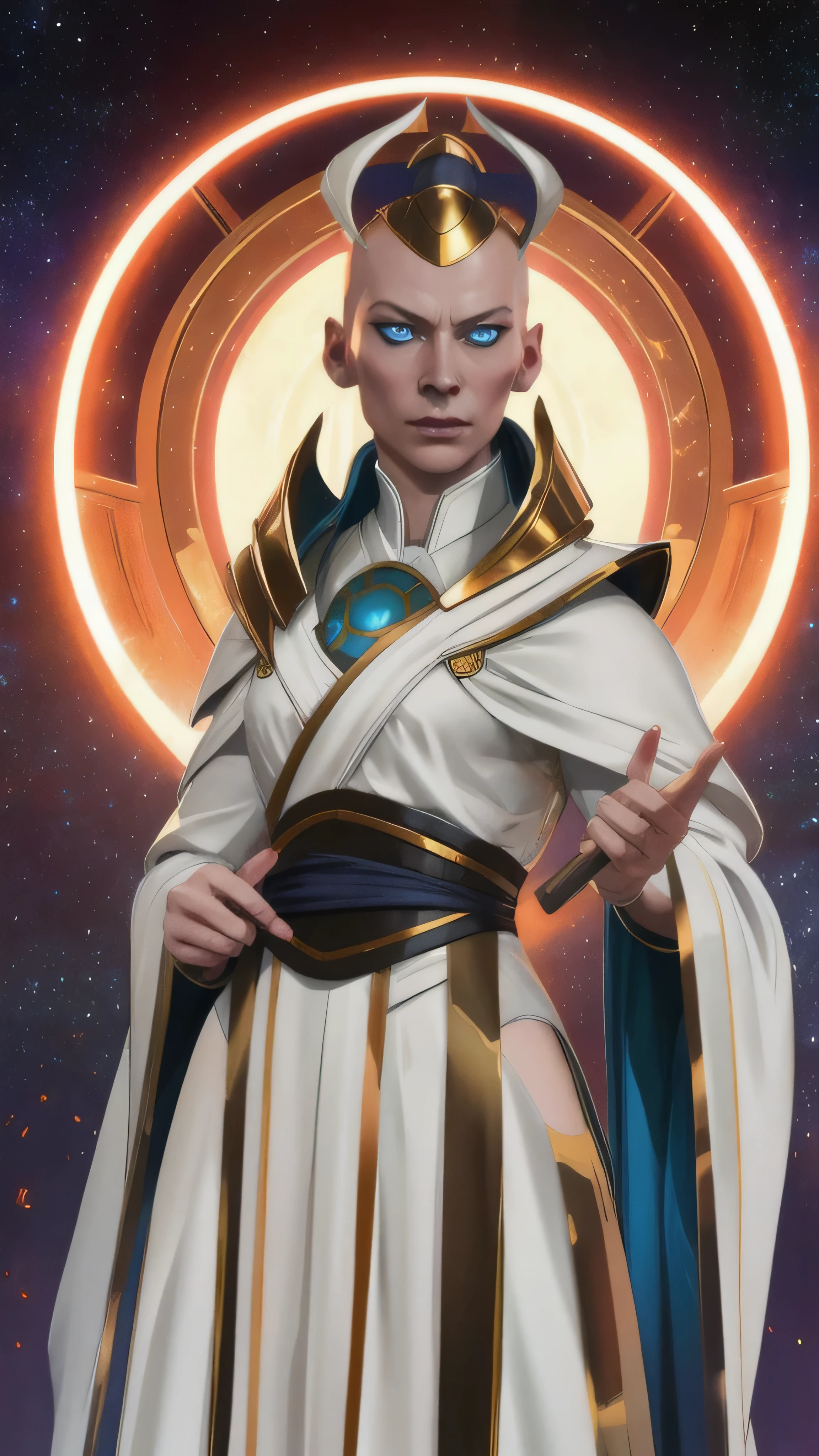 (Tilda Swinton) as Kronika from Mortal Kombat, blue eyes, black sclera, bald, gold head cap, makeup, white robe, shoulder armor, long sleeves, pelvic curtain, standing, smug, abyss, milky way, (insanely detailed, beautiful detailed face, masterpiece, best quality), cinematic lighting, 1woman, solo, full body view, front view, looking at viewer, intricate, high detail, sharp focus, dramatic, photorealistic painting art by greg rutkowski