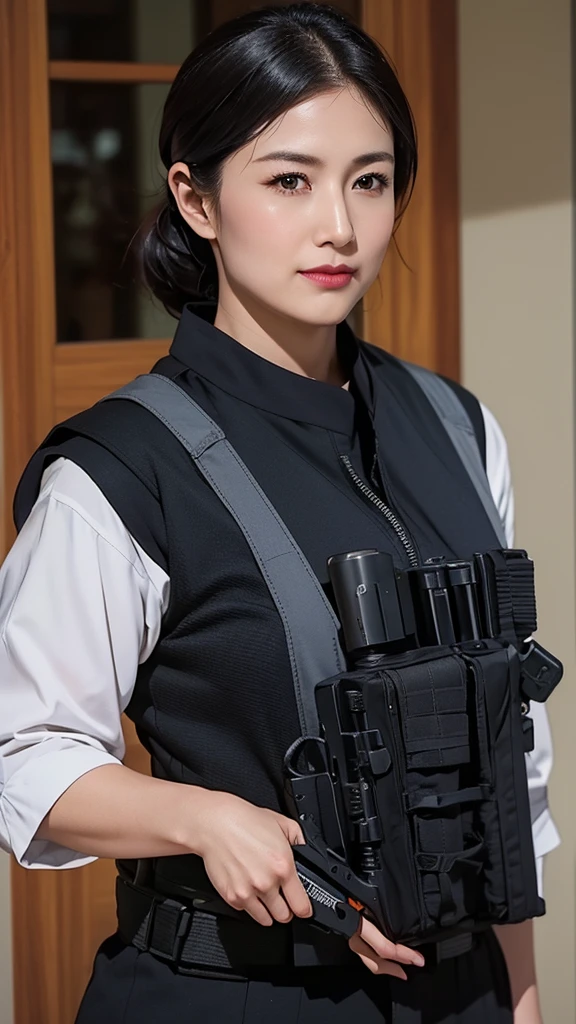 A woman around 4 wearing a black uniform is standing in a hallway holding a gun, Wearing tactical gear, Photos of women in techwear, Dressed in tactical armor, Black tactical gear, Tactical vest and holster, Wearing technical clothing and armour, Beautiful female soldier, He has a rifle., Close-up portrait shot, Has an MP7, Hold the rifle, special forces security, Airsoft Gun CQB、Center parted wavy hair