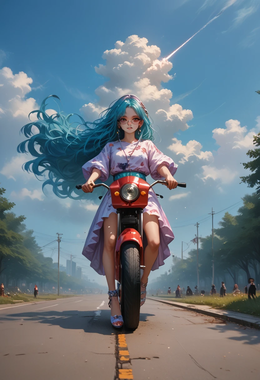 Anime Girl 1, Very long hair, spl1th41r, two tone hair Красно Черного Цвета, Picture in the air Girl, Shown in Full Height, all in chains, Wrapped in splinters, bright. Girl crush, smokey makeup, The face is korean beautiful. It is visible., Wide Format Painting, masterpiece, Maximum Detail, uhd,manga sketch, korean super model idol, beauty female,face visible, riding a japan bōsōzoku bike on street at full mooon sky. dressed in bōsōzoku style clothing and high-heeled, wind blowing long hair. The motorcycle has a over-sized fairings, lifted handle bars shifted inwards,large seat extravagant paint.The street is full glowing led light in colourfull colors of commercial  building area full big glasses lcd advertisements.128k, high color saturation, cinematic light, 1028x2400pixel