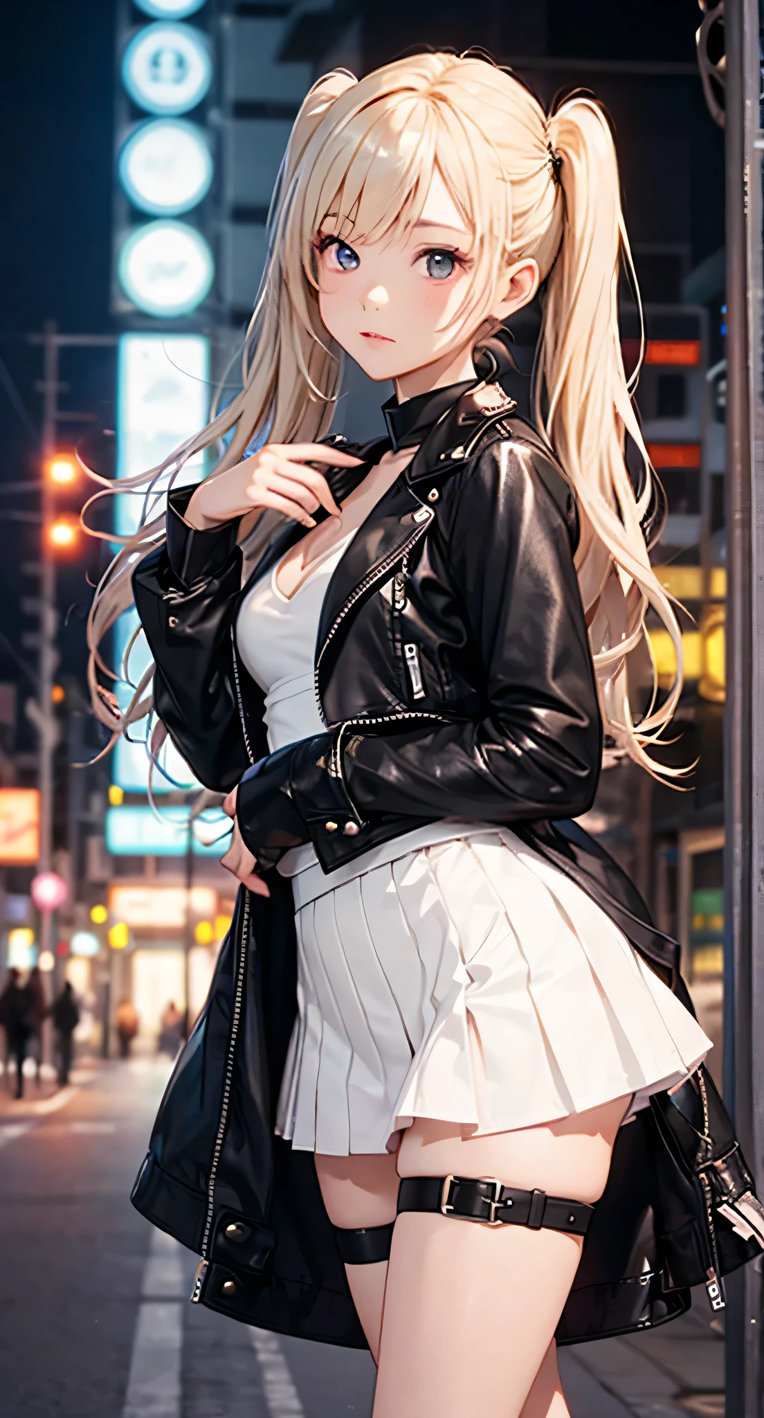 Anime girl in a short skirt and leather jacket posing for a picture ...