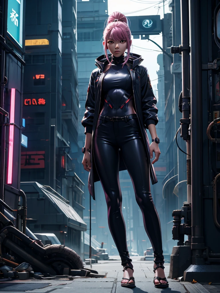 ((Masterpiece, Excellent, Super Detailed, High Resolution)), Cyberpunk, Cyberpunk Style City, 1 Wife, Character Details, Makeover Person, Solo, Full Body, Top View