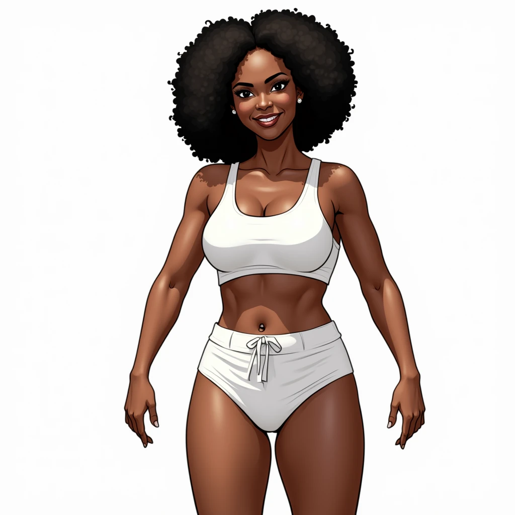 (masterpiece, best quality)), ((((perfect anatomy)))), Curvy Brazilian woman with tied back black dreadlocks, dark eye-shadow, dark red lipstick, dark brown eyes, white bra , (((white high cut cotton panties))), smiling, big hips, walking around in a locker-room, ((pixel art, pixel))
