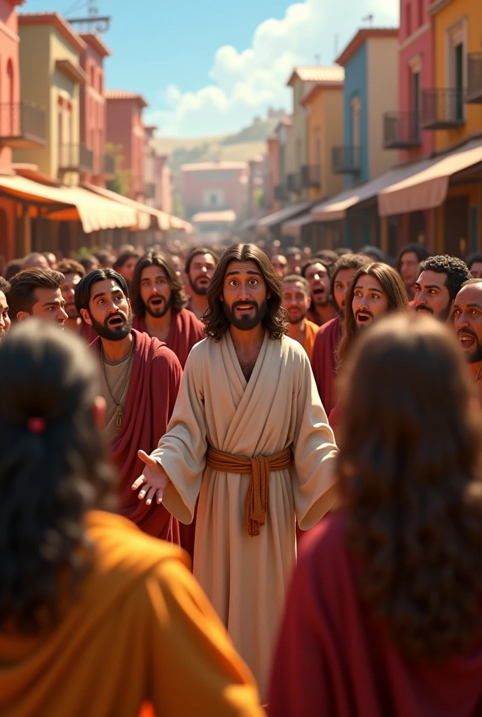 Bartimaeus Shouting for Jesus: Bartimaeus with his hands cupped around his mouth, shouting "Jesus, Son of David, have mercy on me!" while the people around him try to silence him. The surrounding crowd can be shown with expressions of surprise and disdain. Style Disney 3D