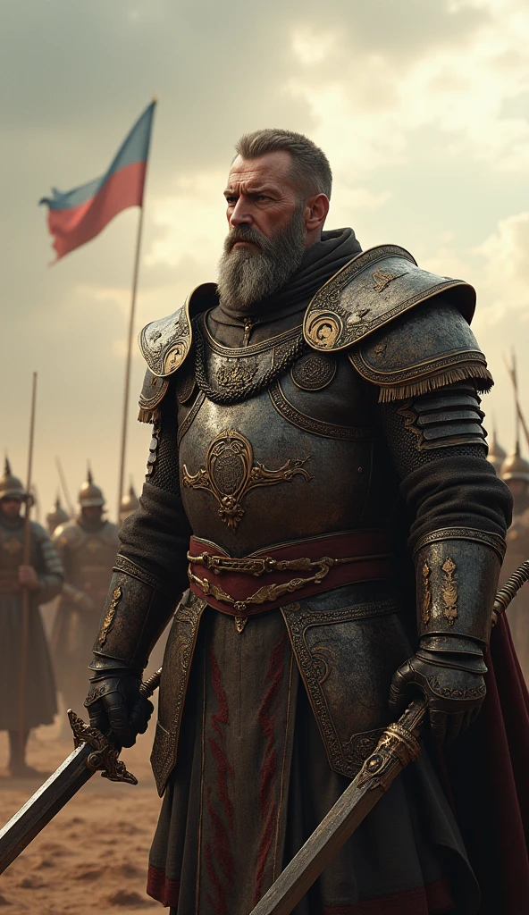 Absurd resolution, high resolution, (masterpiece: 1.4), hyper-detail, ancient China, gray-haired and white-bearded old man standing in front of 10,000 warriors (1.3), roaring (1.2), crying (1.2), (Hanfu 1.5) Warrior in Chinese Hanfu, wielding sword, blood, fighting, standing on ancient city walls (1.3), dusk, (crowds and people 1.5) (desert environment 1.5) (battlefield battle 1.5)