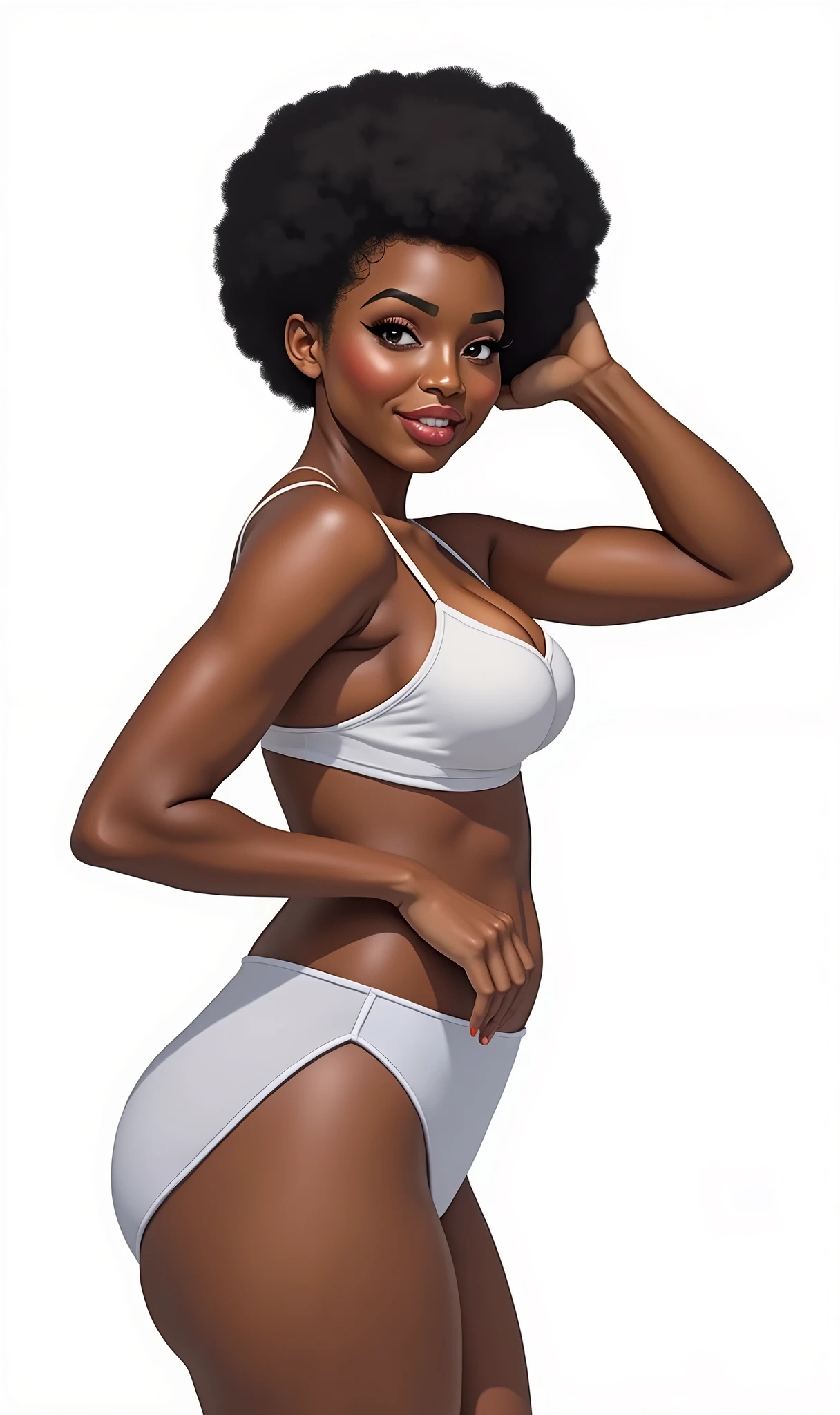 ((((masterpiece, best quality)))), ((33 year old)), (((Curvy))), ((Black woman with black afro)), in ((white bra)), ((white high cut fullback panties)), ((Large Hips)), ((Standing in a cluttered bathroom)), (((realistic art style)))