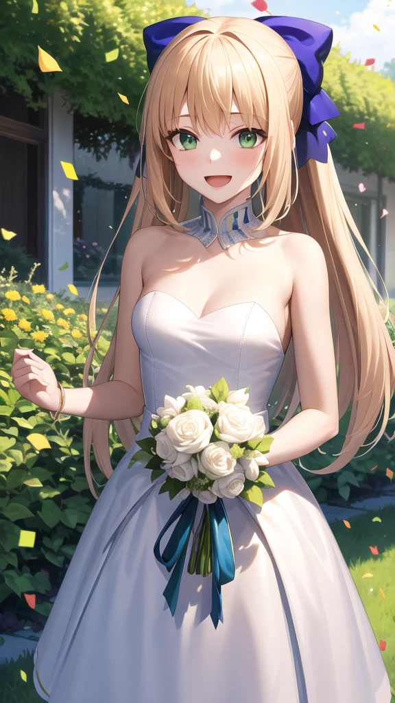 masterpiece, best quality, highres, bbcaster, long hair, ahoge, hair bow, green eyes, wedding dress, white dress, strapless, garden, smile, open mouth, confetti, holding bouquet, standing, cowboy shot,