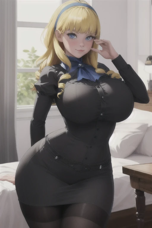 (best quality), (masterpiece), 1 girl, early 20's, huge heavy breasts, thick, thick lips, wide hips, thin waist, constance_academy, hairband, black shirt