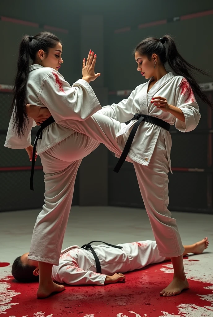 Imagine two (((beautiful women))) with (((long and messy black hair))), (((white kimonos))) and (((white skin))), facing each other in a (((full body shot))), doing (((karate))) against each other, with one of them (((standing up))) and the other (((down on her back))), her feet in the air, poised for action, their faces drawn with focus, ready to fight. The backdrop is a (((simple, dark room))) with a (((matte red glow))) that complements the action scene perfectly