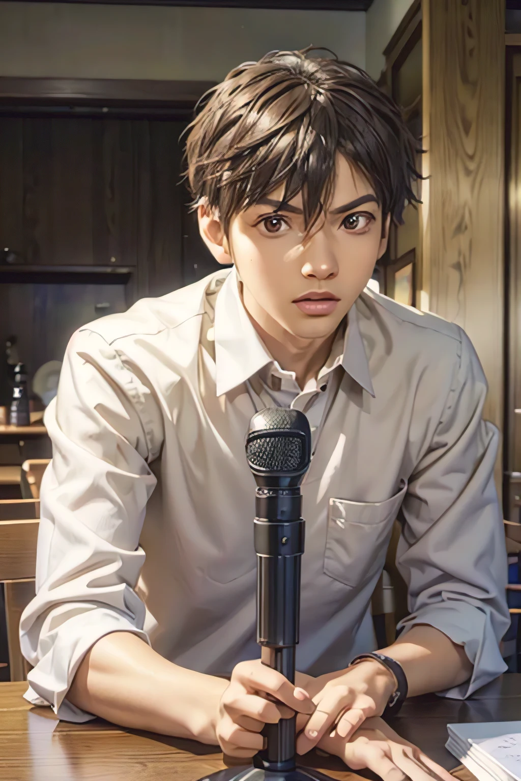 

"Create a high-quality image of a young man with a medium skin tone, dark straight hair with a slight fringe, and expressive brown eyes. He has a faint mustache and a confident, focused expression, looking directly ahead, with no tilt to the right or left. He is seated on a chair behind a table, with a microphone placed in front of him on the table. His upper body is partially visible above the table, and 'YouTube' is written prominently on his body. The scene shows him making a YouTube video, with a straight, forward gaze as if addressing the camera directly. The background should be neutral, emphasizing the subject and the professional video-making setup, with strong lighting for clarity."