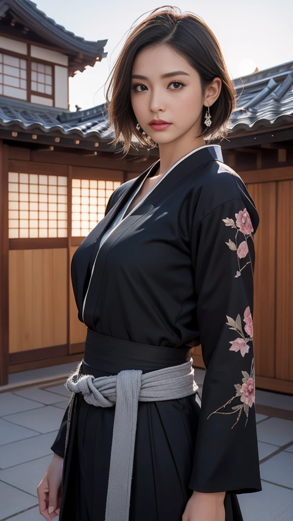 High image quality、High resolution、masterpiece、Wide-angle shot、Ninja、woman、Age 35、大人の成熟したwoman、midnight、On the roof of a Japanese castle、full moon、（All-black combat uniform、kimono、Holding a Japanese sword）、Center parted short hair、god々Shii、Large Breasts、Perfect Style、Cool look、Hanging eyes、The corners of the eyes are turned up、Pull composition、Long face、Reflected Light, Widescreen, 