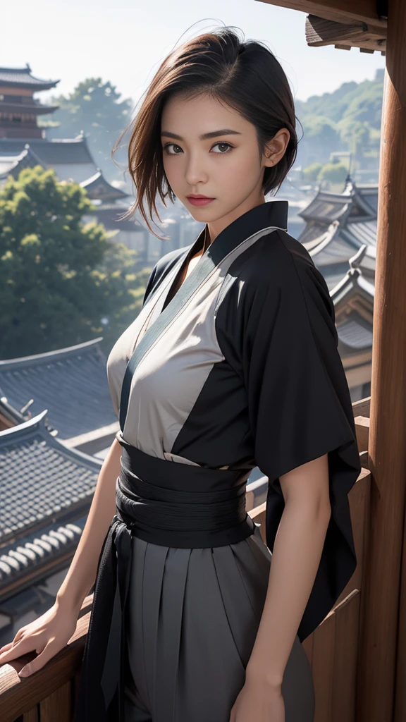 High image quality、High resolution、masterpiece、Wide-angle shot、Ninja、woman、Age 35、大人の成熟したwoman、midnight、On the roof of a Japanese castle、full moon、（All-black combat uniform、kimono、Holding a Japanese sword）、Center parted short hair、god々Shii、Large Breasts、Perfect Style、Cool look、Hanging eyes、The corners of the eyes are turned up、Pull composition、Long face、Reflected Light, Widescreen, 