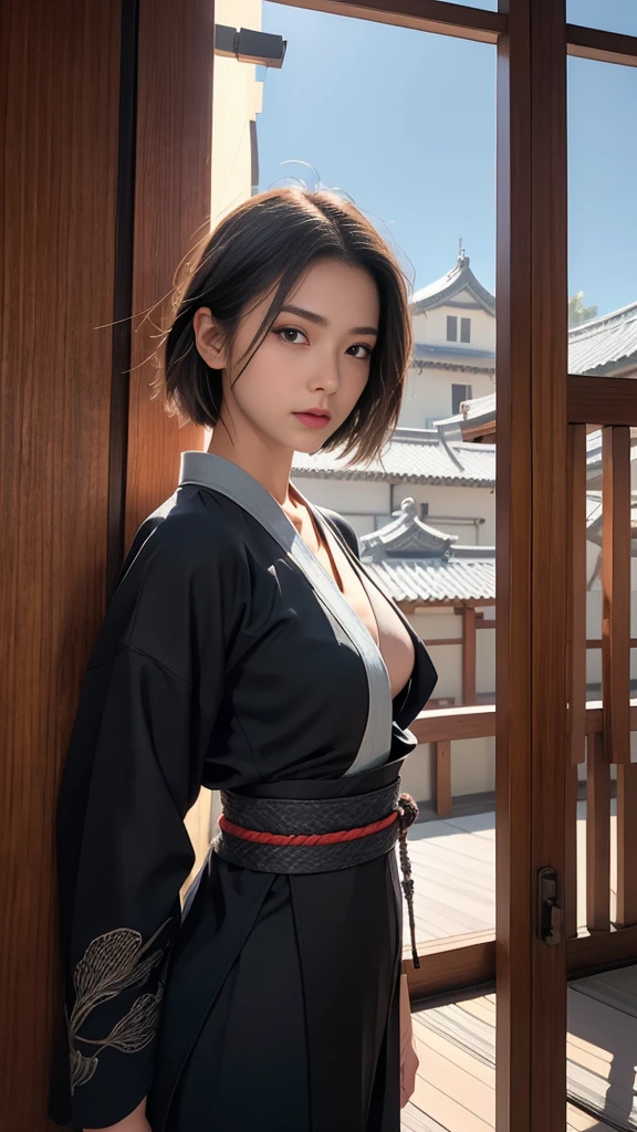 High image quality、High resolution、masterpiece、Wide-angle shot、Ninja、woman、Age 35、大人の成熟したwoman、midnight、On the roof of a Japanese castle、full moon、（All-black combat uniform、kimono、Holding a Japanese sword）、Center parted short hair、god々Shii、Large Breasts、Perfect Style、Cool look、Hanging eyes、The corners of the eyes are turned up、Pull composition、Long face、Reflected Light, Widescreen, 