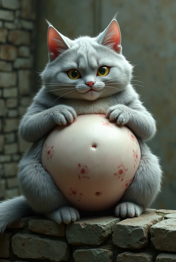 A female humanoid cat with an overly large butt and overly large breasts wearing very tight yoga pants while sitting on a gym ball, highlighting her butt with a thin waist and a model-like abdomen.