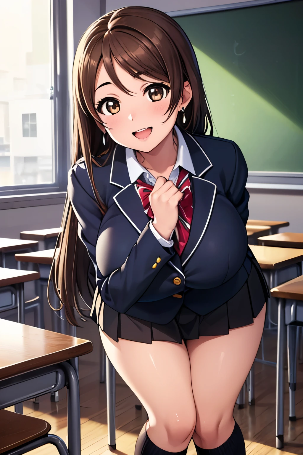  (Maximum resolution:1.2)、(Ultra HD: 1.2), 8k resolution、Highly detailed face and skin texture, Cinematic Light、Perfect figure、Brown eyes、Blushing smile、Open your mouth、((Brown hair long:1.2))、((Realistic texture:1.1))、((Very large breasts))、((Student blazer uniform))、Black Mini Skirt、classroom、Big earrings、squat、Plump、Leaning forward greatly