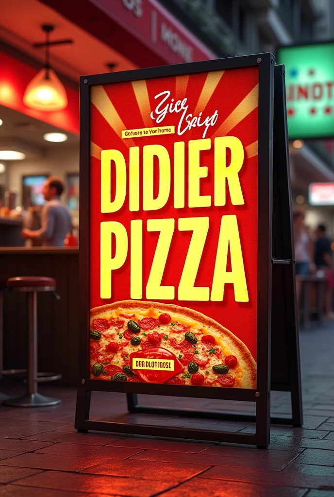 A poster of a pizza coming out of a phone 
