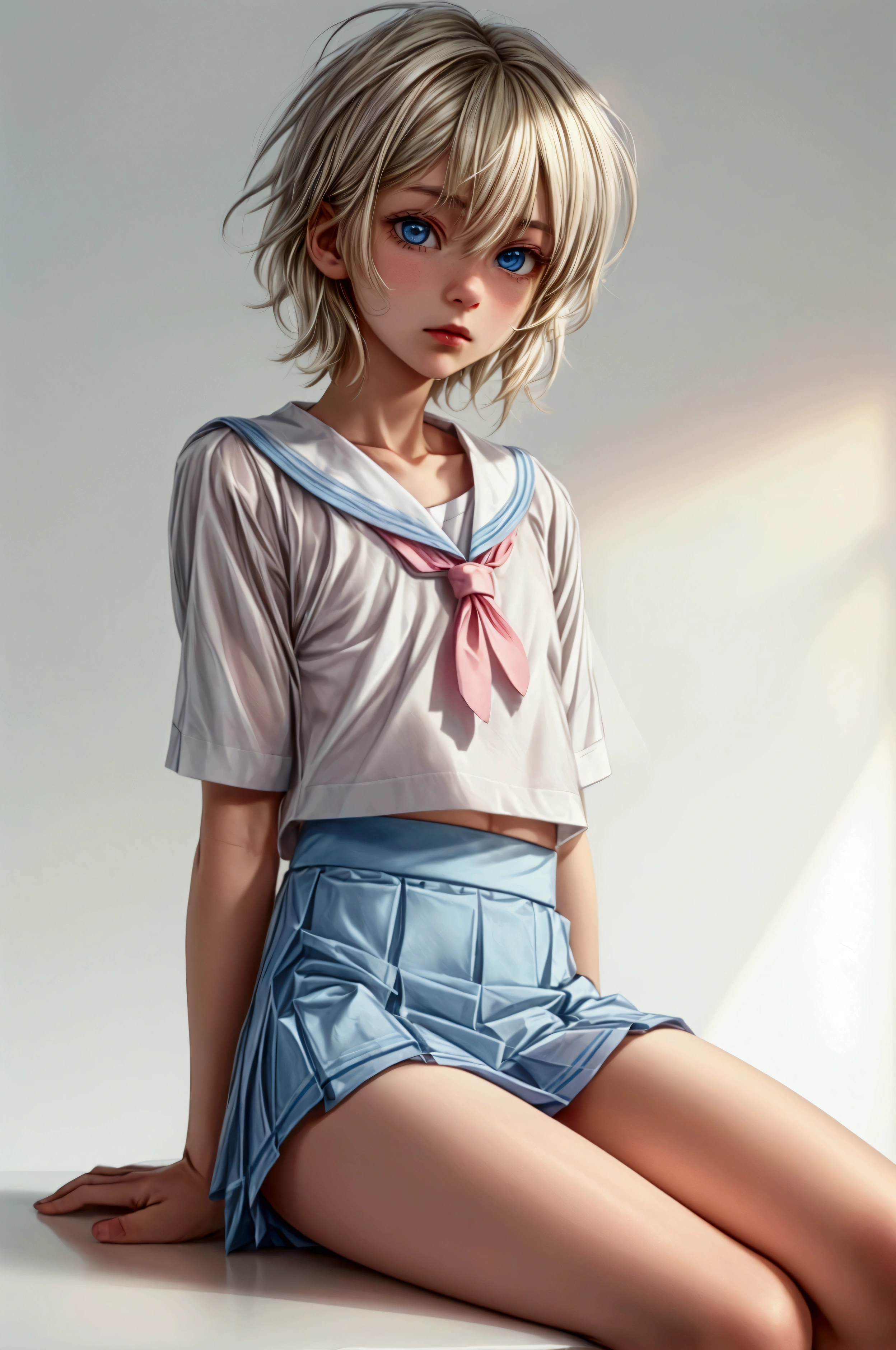 Anime style, Highres, Masterpiece, Best quality at best, Best Quality, hight quality, hight detailed, 1boy, (little boy), blonde boy, perfect boy body, cute boy, detailed light blue eyes, short hair, messy hair, pastel rainbow inner hair color mesh, Neutral Facial Features, wears white sailor suit, boy chest, pink tie, Blue sailor skirt, mini skirt, without breasts, beautiful long legs, white stockings over knee, perfect black school shoes, perfect boy body, classroom at school, highest quality,