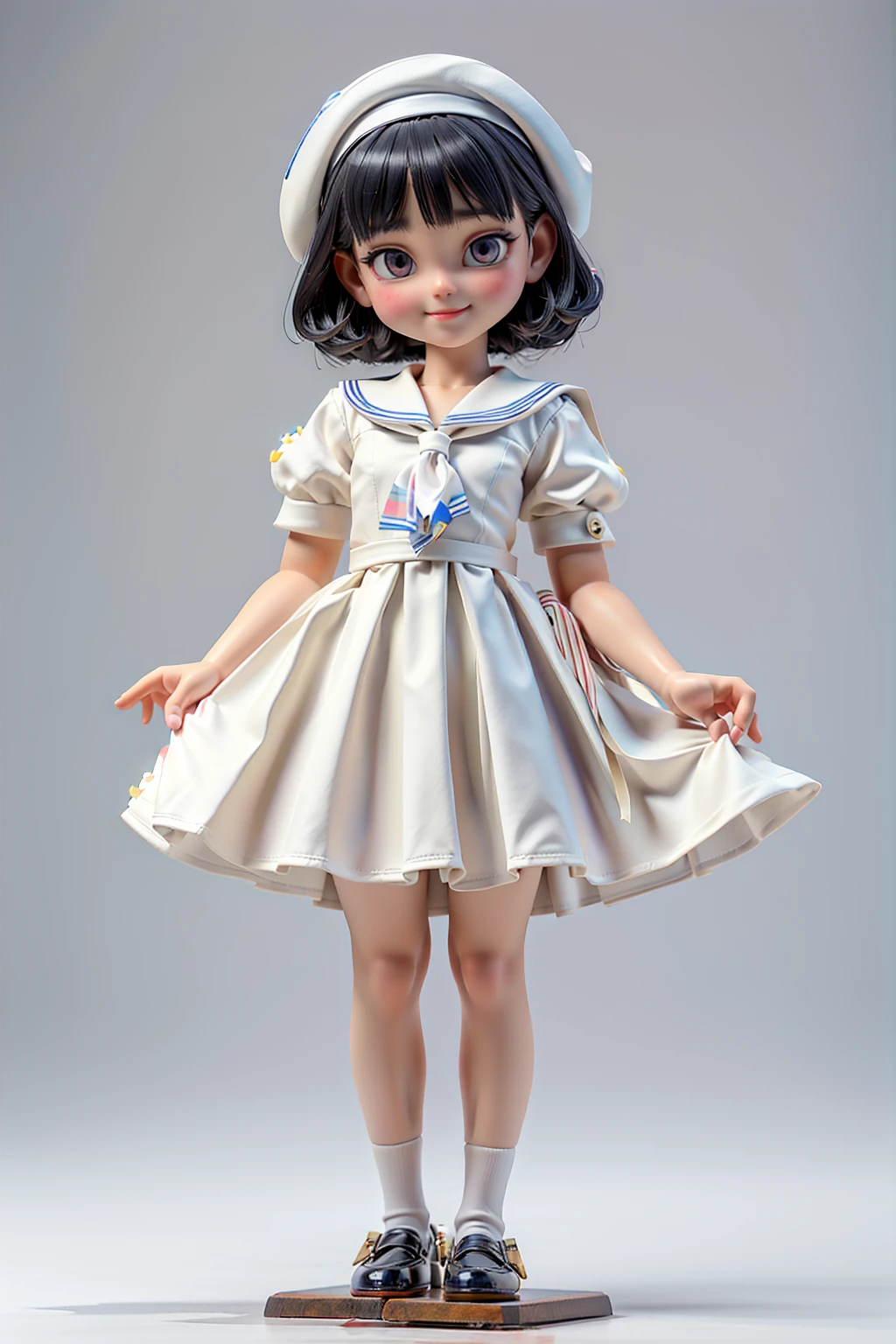 (Porcelain Doll)、(Ceramic figure)、(One girl)、(natural standing posture)、(Show your whole body)、Detailed facial depiction、A kind smile、Short dark brown hair、White Hat、(White Sailor Suit Dress)、Navy blue sailor collar、(White long skirt)、Pleated skirt、shoes、loafers、Vintage、Classic、Blur the background、(No logo)、((Watercolor of singer Sargent))、White Background、 ((Plain background))、((Blank Background))、((A plain background))、3d、(Highest quality,High resolution,masterpiece)、4K、wallpaper、