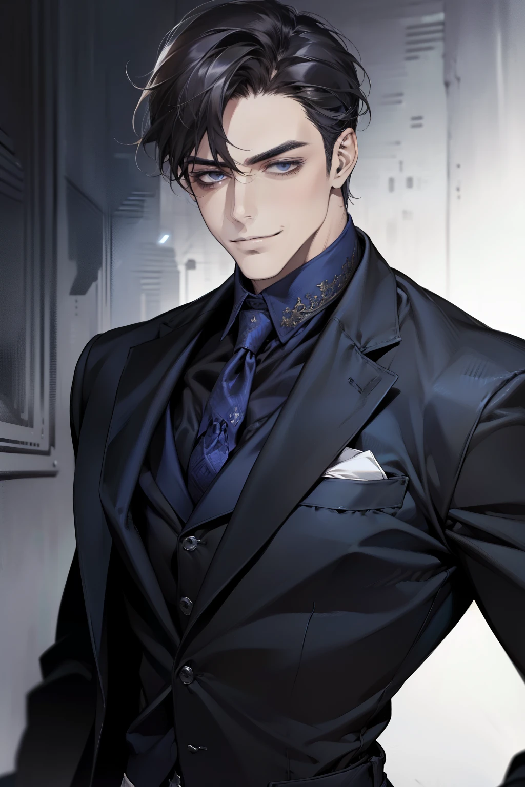 masterpiece, best quality, realistic, 1man, mature male, quiet and charming mature man, 3, smirk and look on the side, closed mouth, portrait, extremely detailed face, smirk, (dark blue eyes), (short-side-swept lene grey black hair)), [thick eyebrows], (detective clothing)