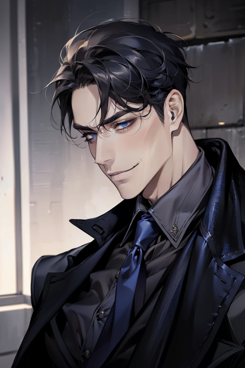 masterpiece, best quality, realistic, 1man, mature male, quiet and charming mature man, 3, smirk and look on the side, closed mouth, portrait, extremely detailed face, smirk, (dark blue eyes), (short-side-swept lene grey black hair)), [thick eyebrows], (detective clothing)