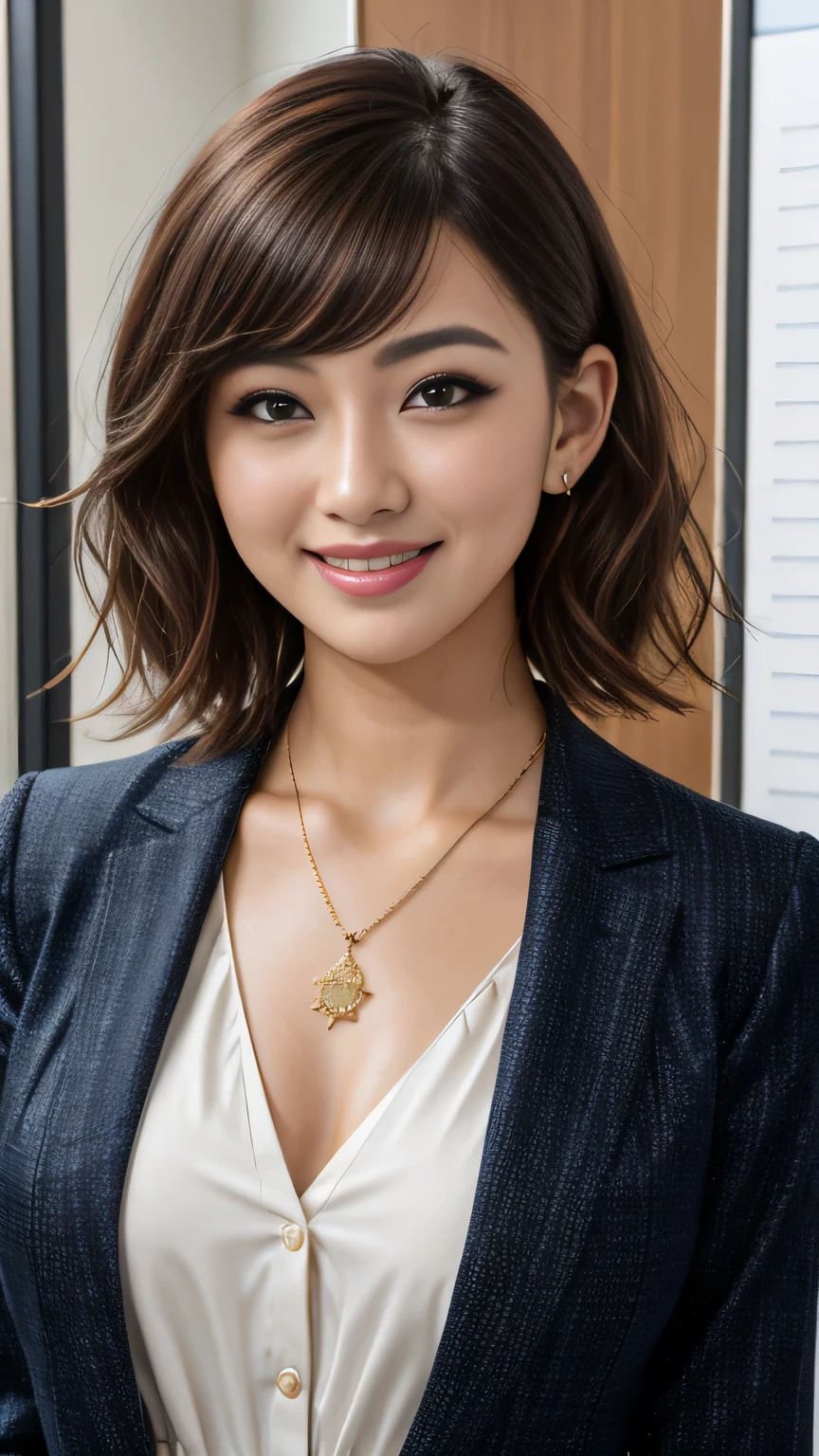 RAW Photos, High resolution, Very detailed, Intricate details, 、ear piercing、、short hair、Black Hair、、Office Lady Suits 、Jacket、shirt、、smile、Heavy makeup、Necklace around the neck、, The background is the office
