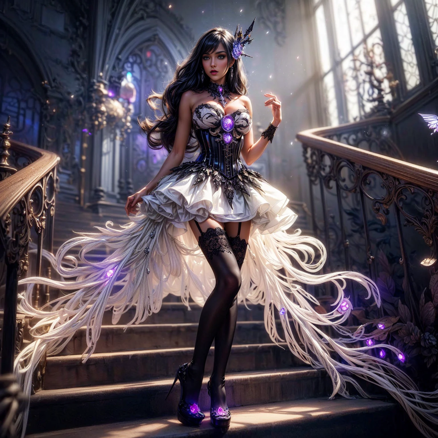 An asian woman with loose hair, standing on the stairs in the middle of a magical atmosphere, with a predominantly blue and red costume, a strapless corset-style dress decorated with bright purple jewels, a short tutu skirt, black thigh-high stockings with lace tops and ornaments purple jewels, white high heels with gold decoration, grand staircase background under mysterious sky full of stars and celestial bodies, crystal detailed, hyper realistic, hyperdetailTransparent clothing, Detailed gemstones, masterpiece, best quality:1.2),,(8k,highres,RAW photo,realistic,photo-realistic:1.3),(detailed skin texture,detailed cloth texture, beautiful detailed face:1.25),professional lighting,photon mapping,beautiful soft light,radiosity,physically-based rendering,raytracing, model shoot style, model shoot style, (extremely detailed CG unity 8k wallpaper), full shot body photo of the most beautiful artwork in the world (NSFW), (Nude), (Naked), (Nipple) (pussy) (exposed pussy)