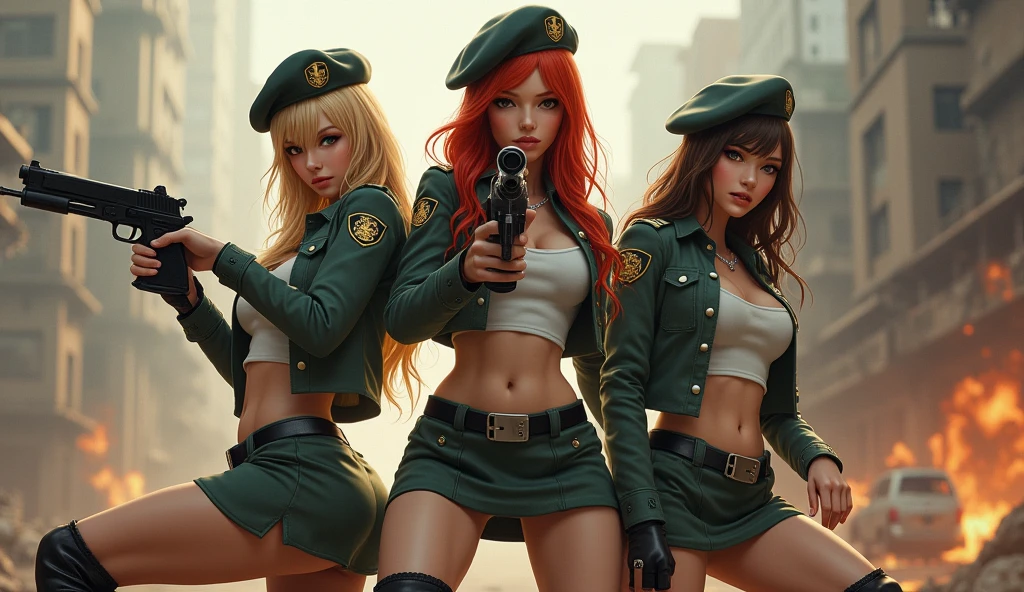 19-year-old Russian women, 2girls, lesbians, military, soldiers, fair skin, short blonde hair, red hair, dressed in a green minidress, clubbing outfit, leotard, sexy, apocalyptic wasteland, daytime, good lighting, desert, rusted hulks, red panties