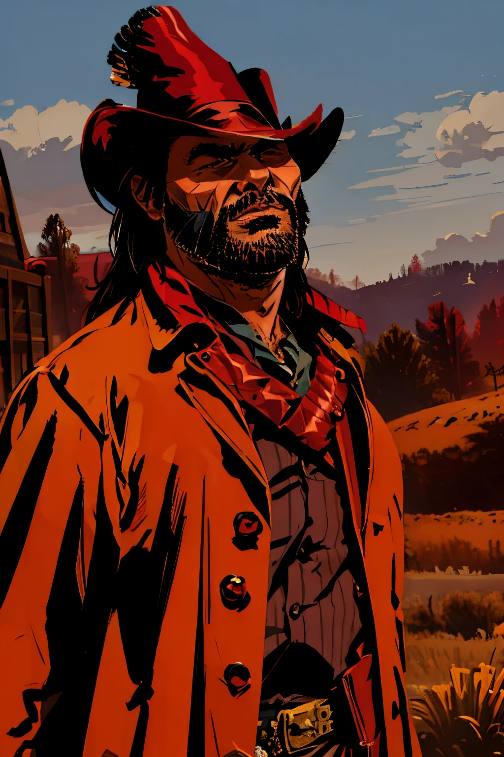 man with a long coat and jacker moleton, red dead redemption 2, male, chief, characterclose up, extralong hair, no beard, black skin, no hat, black skin tone
, indigenous, , brow shkin tone