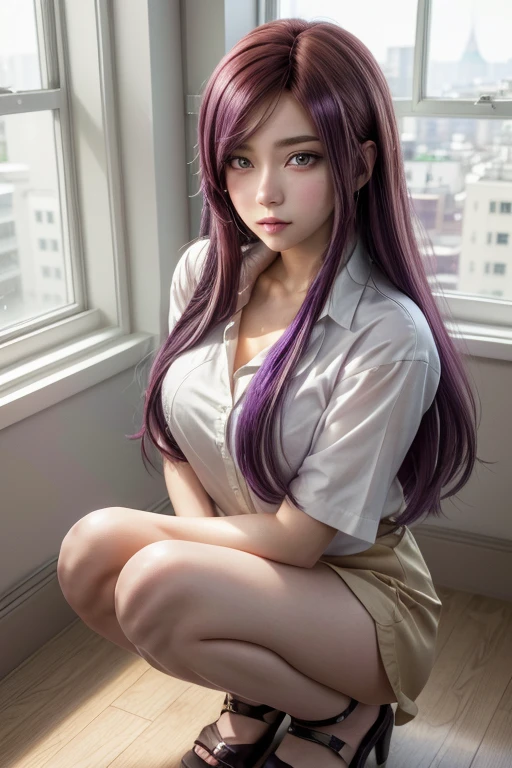 1girl, long_hair, hyuuga_hinata, breasts, solo, black_hair, looking_at_viewer, bangs, cleavage, parted_lips, blunt_bangs, sitting, blurry_background, purple_eyes, artist_name, lips, indoors, blurry, realistic, medium_breasts, straight_hair, very_long_hair, curtains, bare_shoulders