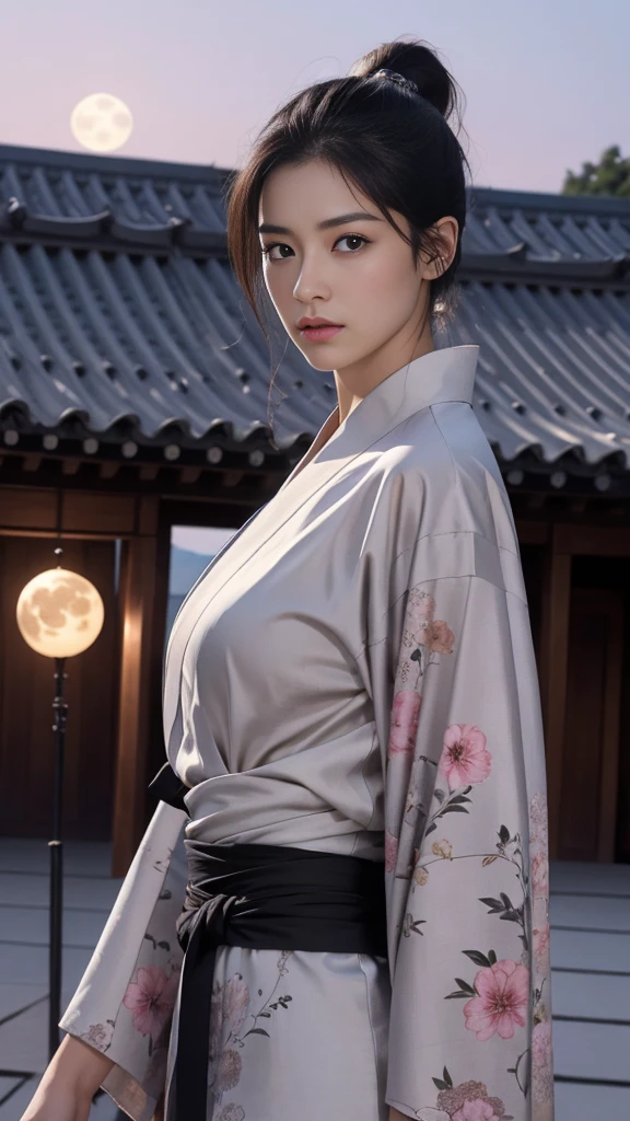 High image quality、High resolution、masterpiece、Wide-angle shot、Ninja、woman、Age 35、大人の成熟したwoman、midnight、On the roof of a Japanese castle、full moon、（All-black combat uniform、kimono、Holding a Japanese sword）、Center parted short hair、god々Shii、Large Breasts、Perfect Style、Cool look、Hanging eyes、The corners of the eyes are turned up、Pull composition、Long face、Reflected Light, Widescreen, 