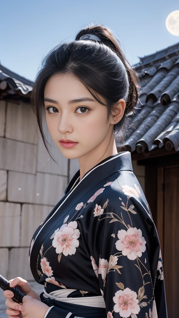 High image quality、High resolution、masterpiece、Wide-angle shot、Ninja、woman、Age 35、大人の成熟したwoman、midnight、On the roof of a Japanese castle、full moon、（All-black combat uniform、kimono、Holding a Japanese sword）、Center parted short hair、god々Shii、Large Breasts、Perfect Style、Cool look、Hanging eyes、The corners of the eyes are turned up、Pull composition、Long face、Reflected Light, Widescreen, 