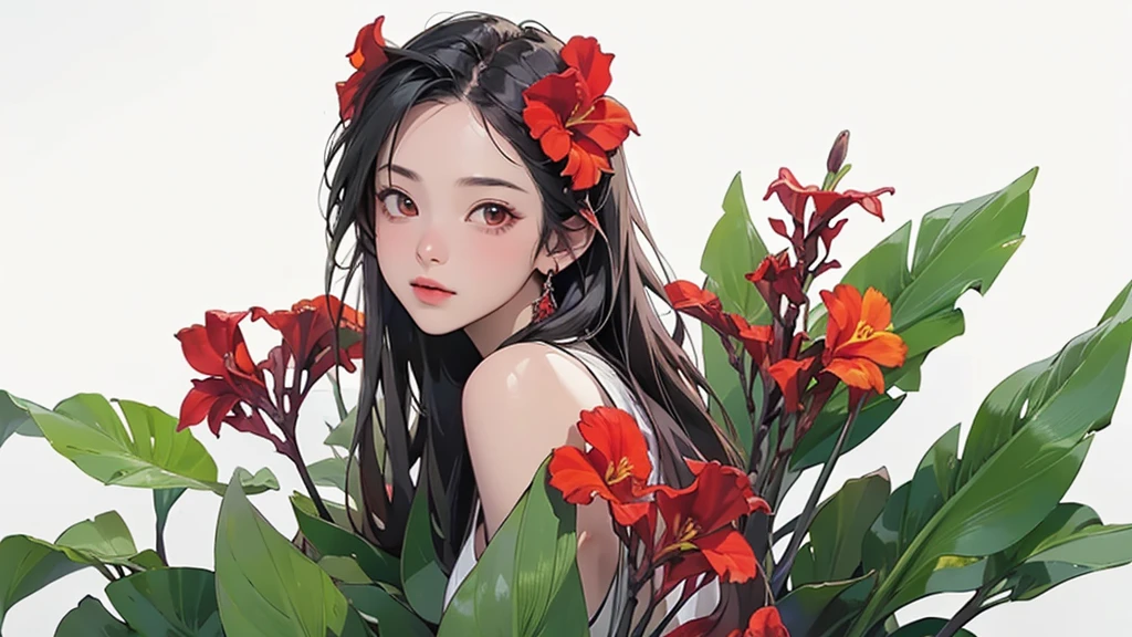 (Highest quality、masterpiece、High resolution)、4K Anime Art、((Background Art))、(((Only tropical flowers and plants are depicted)))、(Red canna flowers blooming)、((White Background))、