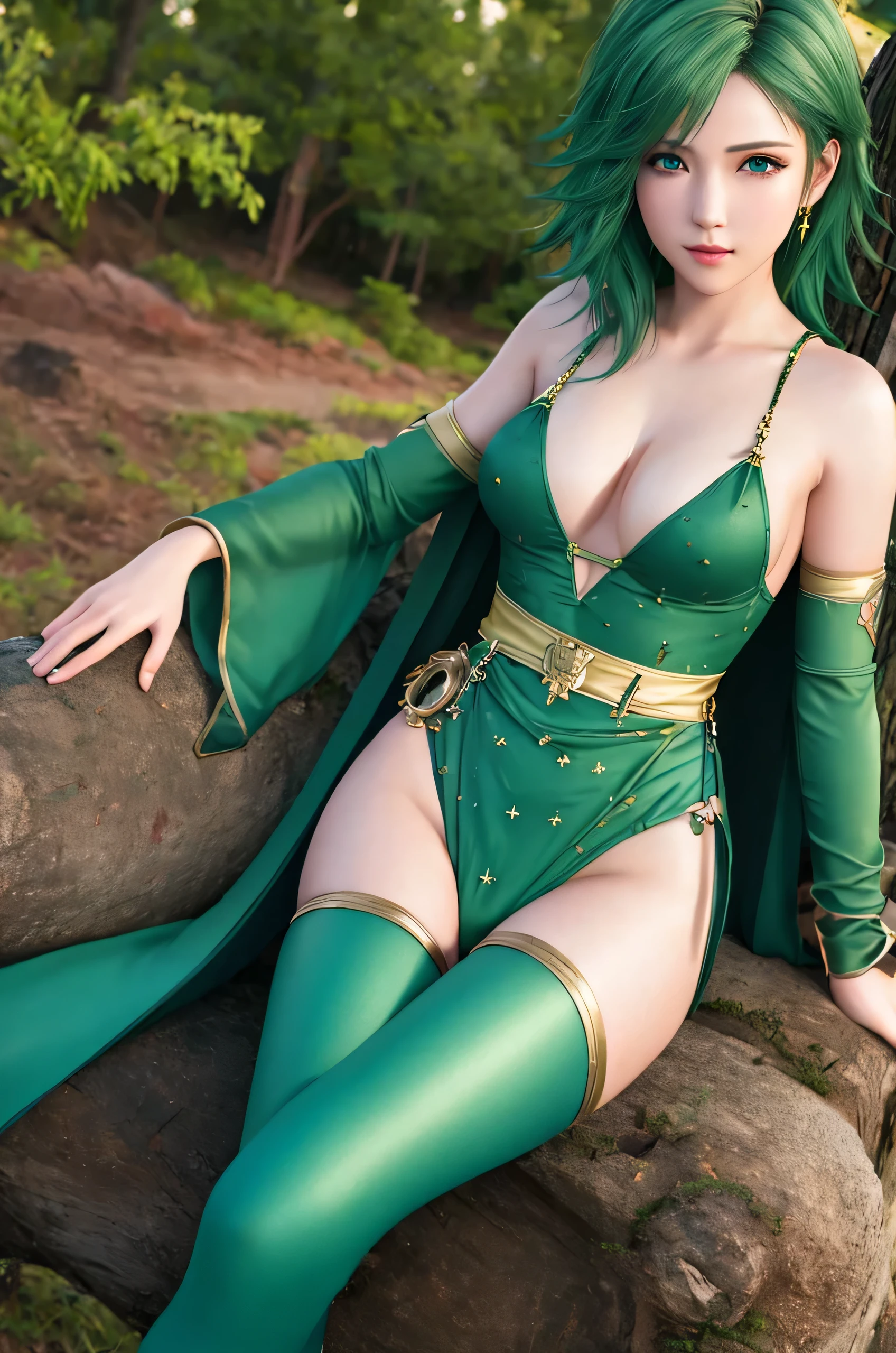 1girl, sitting, hugging own legs, facing viewer, BREAK ff7r style, rydia, green cape, hair ornament, green leotard, belt, detached sleeves, thigh boots, small breasts, aroused, blush, BREAK detailed background, under the tree, forest, BREAK photorealistic, (best quality, masterpiece, UHD, ultra detailed), (beautiful face, shiny skin), (detailed eyes), (perfect anatomy), (professional lighting)