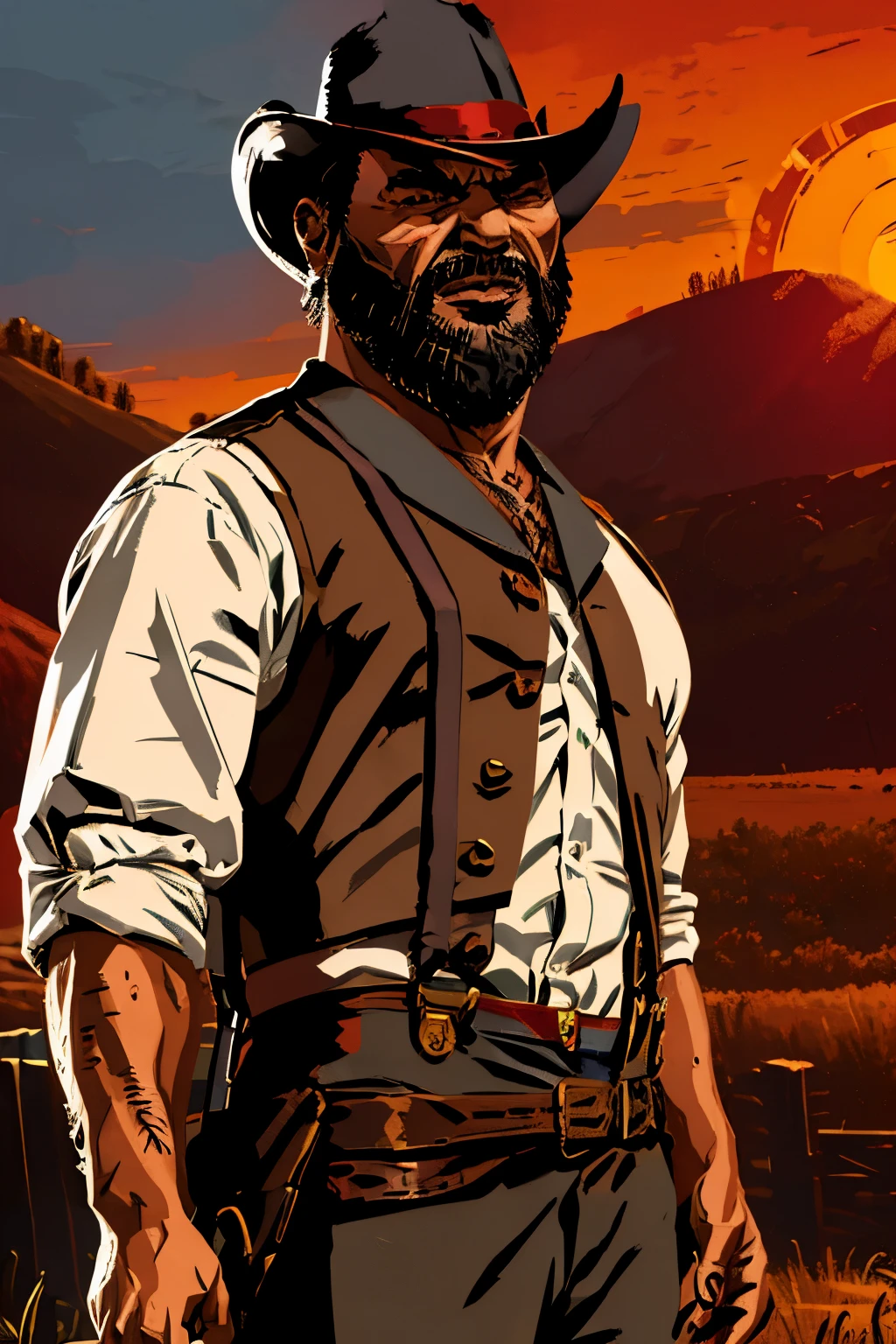 man with a suspender, red dead redemption 2, male, sheriff, characterclose up, bald haircut,, extraShort hair, black skin, no hat, black skin tone
long beard, very long beard