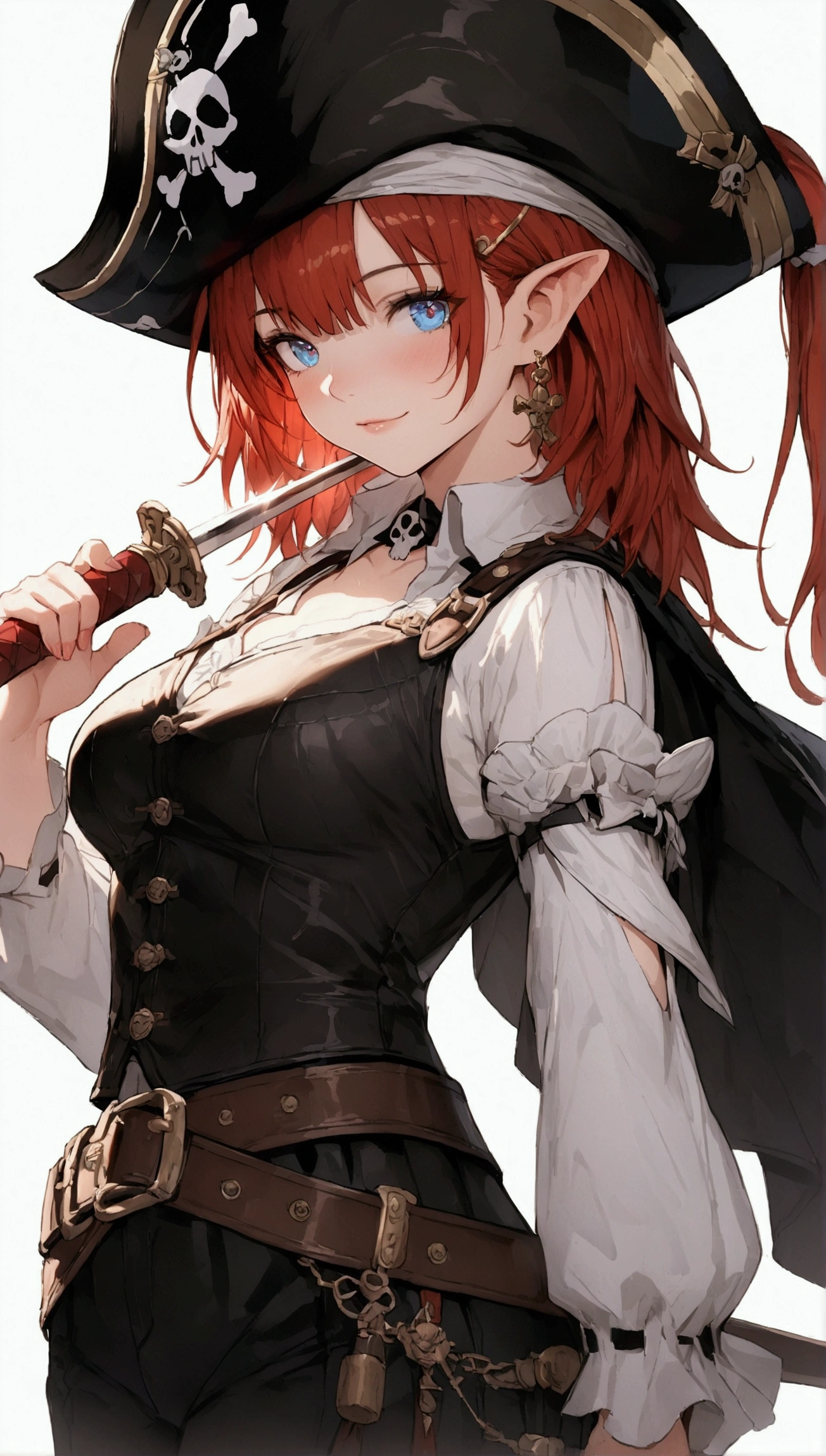 (Masterpiece. The best quality. 8K. Sharp focus. Depth of field, The best shadows. Perfect lighting. HDR. Realistic skin texture. Ultra-detailed background. Detailing). Anime style. Honkai: Star Rail. March 7. 1 girl. Fiery red hair, short hair. Azure blue eyes, beautiful eyes, beautiful eyes, expressive eyes. Beautiful nose, perfect facial features. Perfect anatomical body, slender figure, second size breasts, beautiful breasts, thin waist, rounded hips, beautiful long legs. Pirate hat, white blouse, pirate pants, Uniform cloak, shoulder straps with the Jolly Roger, knee-high boots, wide belt at the waist. Saber in the right hand. Muskets in the left hand. Gambling smile. Feet shoulder-width apart. Standing on the deck. Standing at full height. Concept art. Looking at the viewer. At full height. Full body.