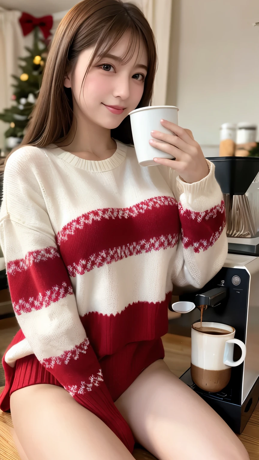 Christmas Sweaters, Cute sweater coffee machine dynamic shot fever々A cup of coffee、Seventeen year old high school girl、Big Breasts、