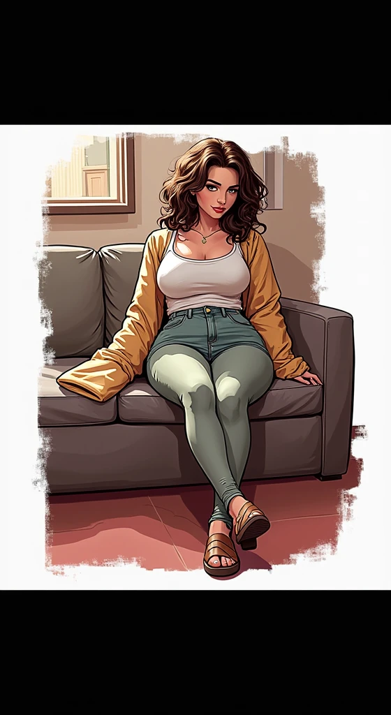 score_9, score_8_up, score_7_up, score_6_up, source_cartoon, rating_explicit, ((Drawn in the style of summertime saga)), Debbie, red blouse, jeans, sitting on sofa, smiling, looking on viewer,