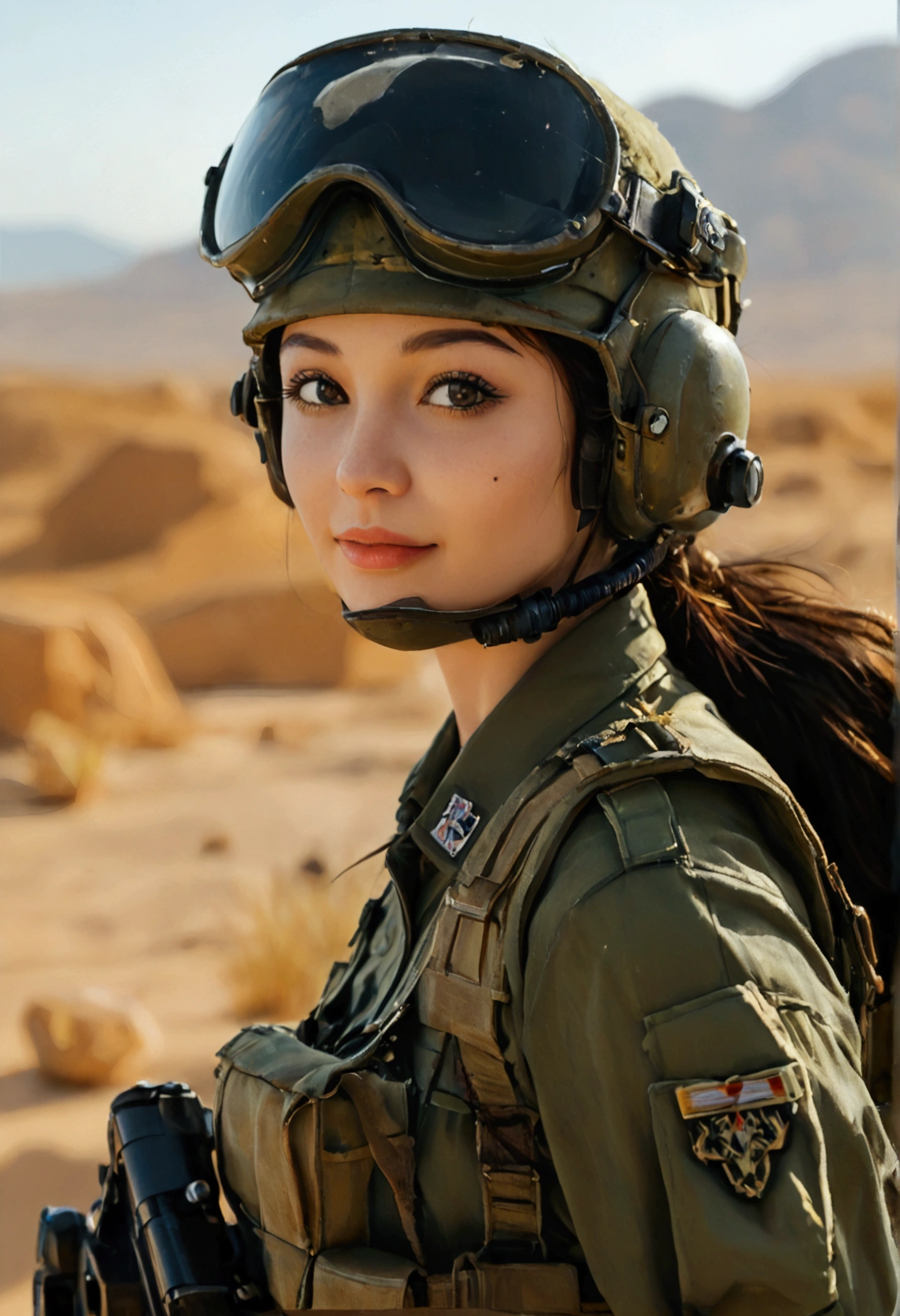 score_9, score_8_up, score_7_up, 8k, best quality,high resolution，High-resolution details， Extremely detailed:1.37), Aliana, 1, A beautiful Korean girl, Smiling gently at the camera，Wearing the uniform with pride, （full-body shot）Representing her role as a soldier. She&#39;s wearing a sexy military uniform. high resolution image capture ultra-fine realistic feel, highlighting Aliana's determined expression, Sharp eyes, and a confident attitude. Military helicopter in the desert in the background, Adds authenticity and meaning to the image. This visually striking representation showcases Aliana's strength and dedication as a soldier.