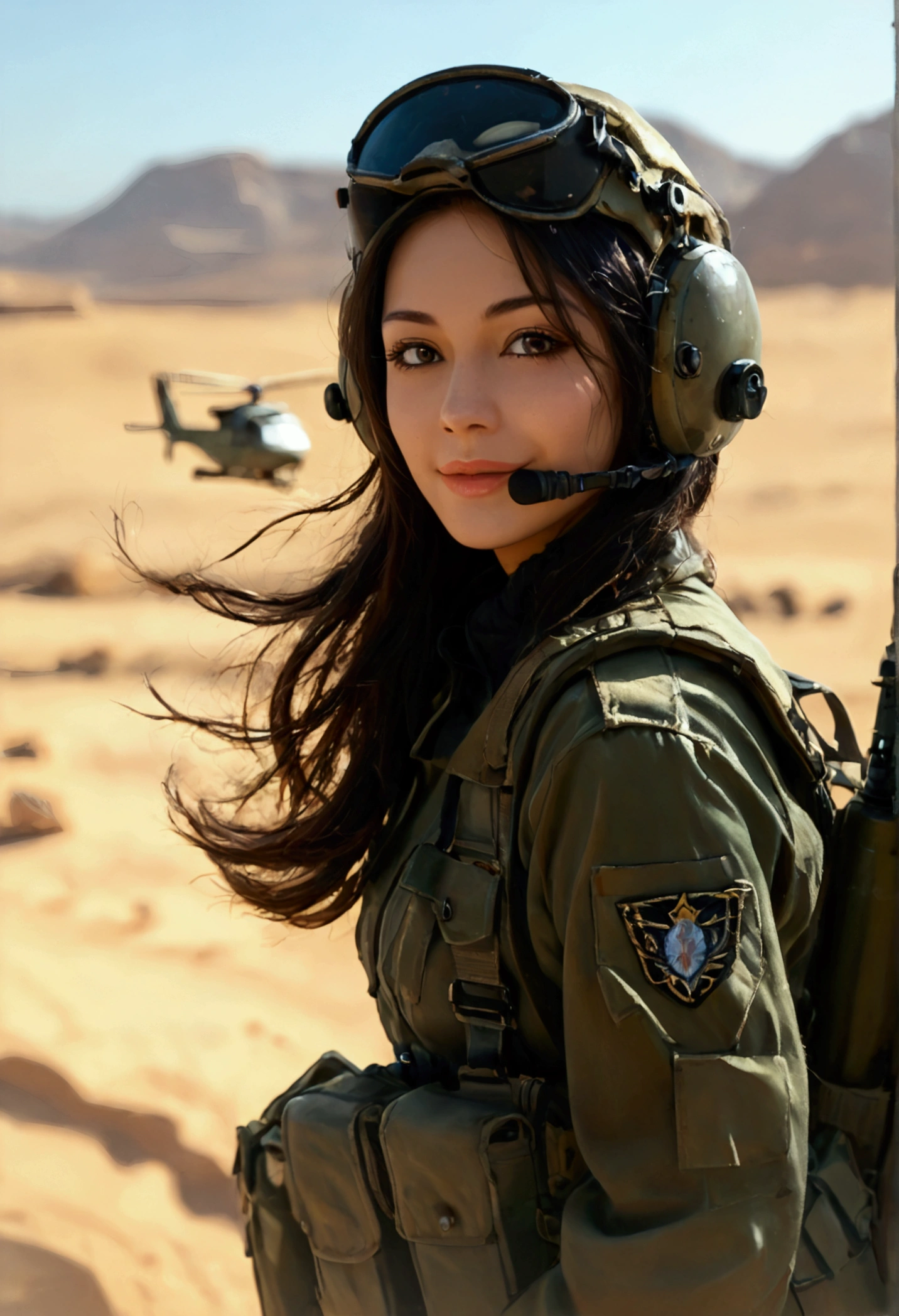 score_9, score_8_up, score_7_up, 8k, best quality,high resolution，High-resolution details， Extremely detailed:1.37), Aliana, 1, A beautiful Korean girl, Smiling gently at the camera，Wearing the uniform with pride, （full-body shot）Representing her role as a soldier. She&#39;s wearing a sexy military uniform. high resolution image capture ultra-fine realistic feel, highlighting Aliana's determined expression, Sharp eyes, and a confident attitude. Military helicopter in the desert in the background, Adds authenticity and meaning to the image. This visually striking representation showcases Aliana's strength and dedication as a soldier.