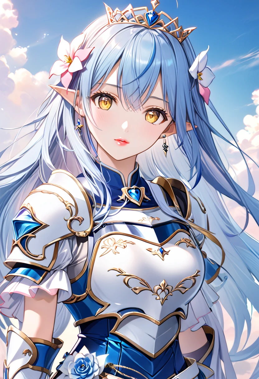 (Beautiful woman in a fantasy scene, Very detailed, 1 girl, YukihanaLamy, blue hair, long hair, heart ahoge, hair flower, dress, gloves, jewelry, Cleavage, Princess, elbow gloves, Tiara, brooch, white gloves, Adult female, slim, Very beautiful, Beautiful Face, (((Blue and white armor, breastplate, Shiny Armor:1.2))), Has a bow, Gold earrings, Sky blue hair, Yellow Eyes, Pink Lips, whole body)