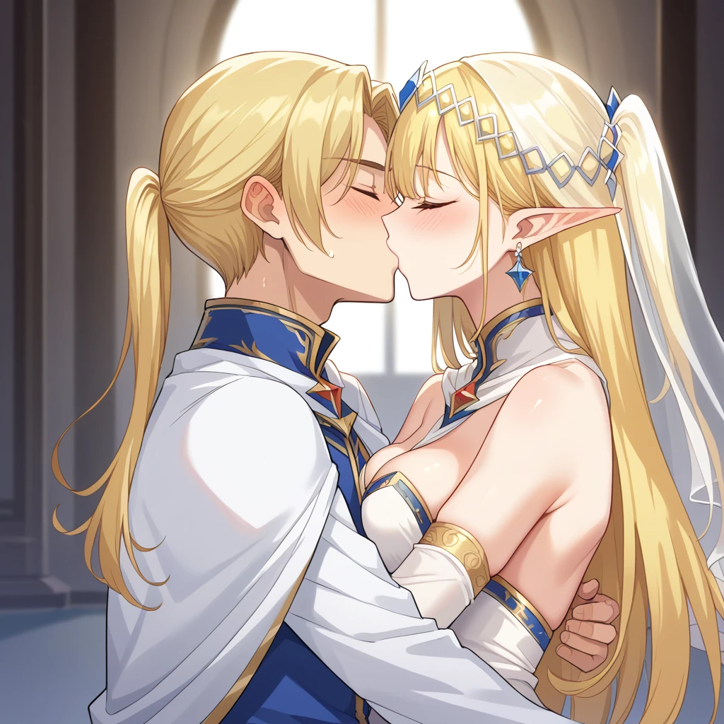 ((Best Quality)), ((masterpiece)), (detailed), （Perfect Face）、The woman is Seras Ashlain, a blonde elf wearing a gorgeous wedding dress.、The woman is getting married to the elderly king in a luxurious wedding hall of the kingdom, embracing him and kissing him in a vow.