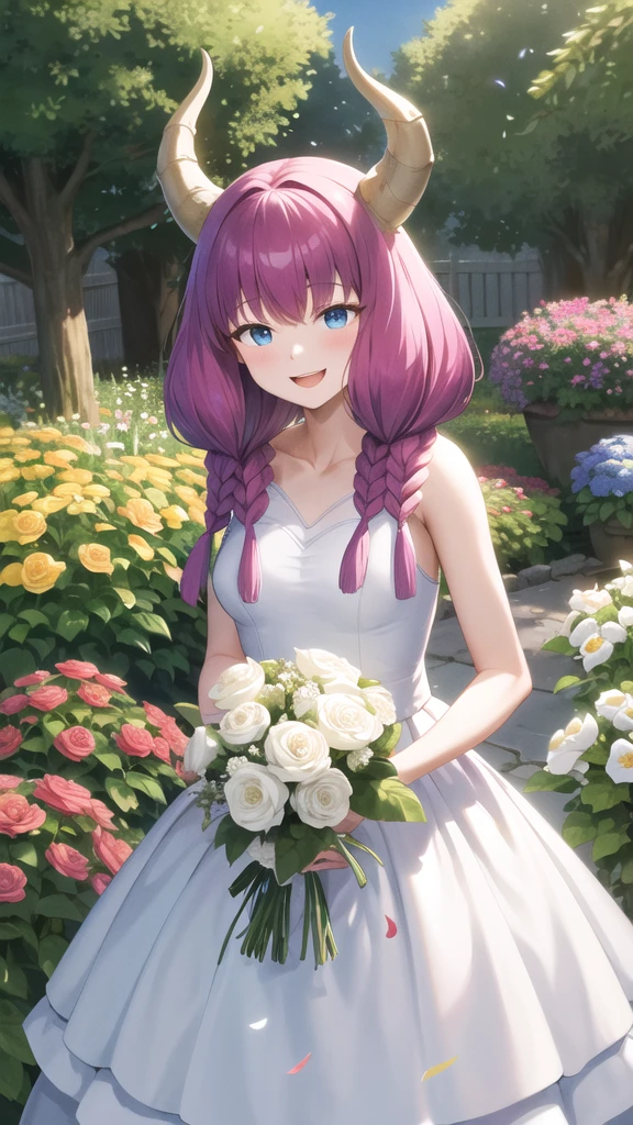 masterpiece, best quality, highres, aaaura, braid, twin braids, horns, blue eyes, wedding dress, white dress, garden, smile, open mouth, holding bouquet, confetti, standing, cowboy shot,