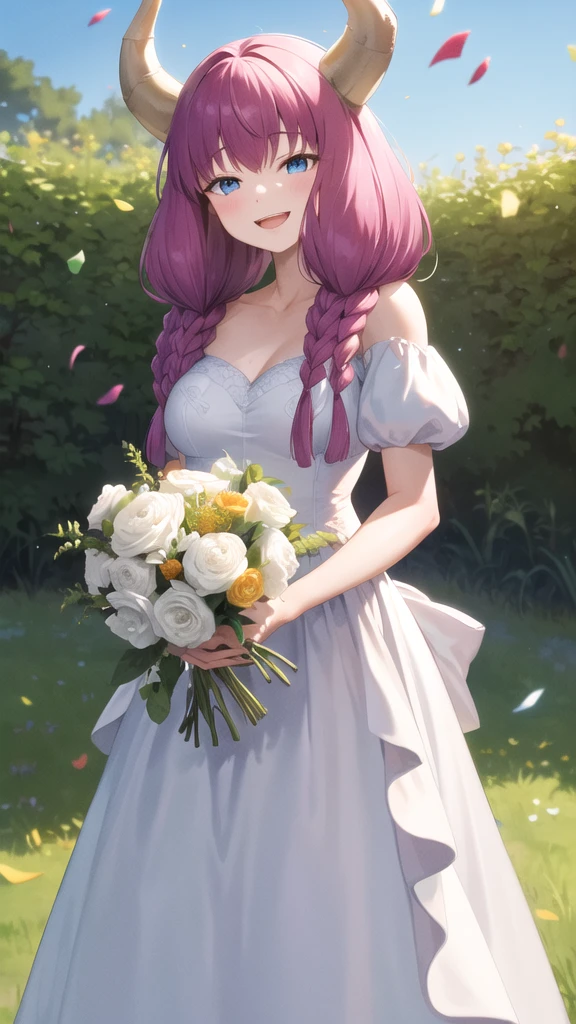 masterpiece, best quality, highres, aaaura, braid, twin braids, horns, blue eyes, wedding dress, white dress, garden, smile, open mouth, holding bouquet, confetti, standing, cowboy shot,