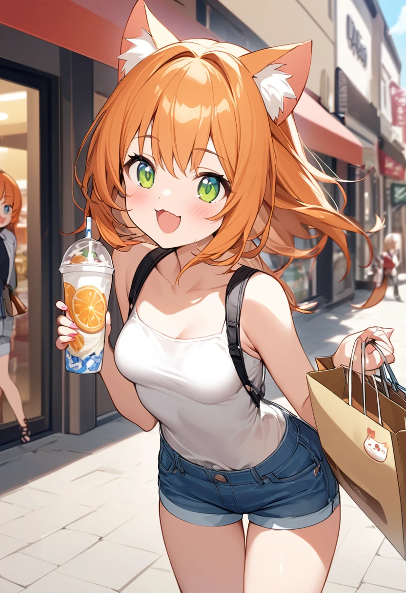 Young girl、Very cute、small、Firm breasts、Denim hot pants、Orange Hair、High quality backgrounds、、shopping、Cheerful attitude、Cat ears、Cat&#39;s tail