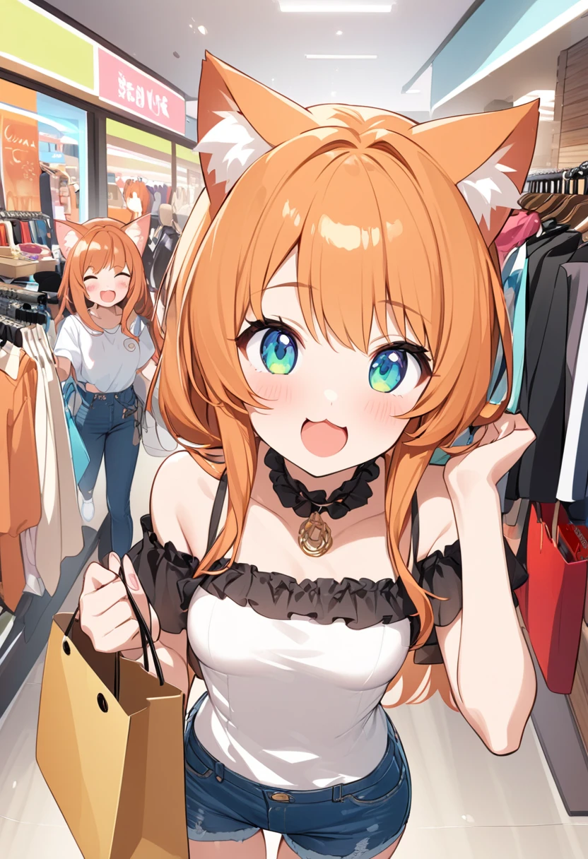 Young girl、Very cute、small、Firm breasts、Denim hot pants、Orange Hair、High quality backgrounds、、shopping、Cheerful attitude、Cat ears、Cat&#39;s tail